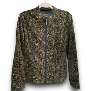Animal Print Corduroy Jacket Biker Zip Up Brown Black Pockets Classic Coat Large